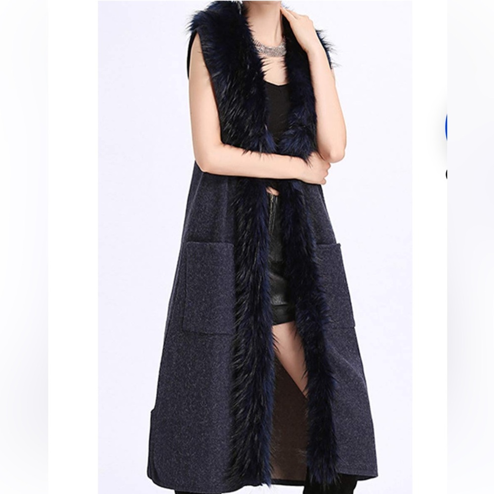 Odiva Women's Luxury Style Faux Fur Long Vest Cloak Coat Wrap Duster Black